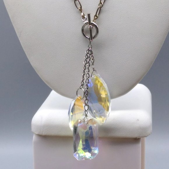 Faceted Crystal Triple Pendant Necklace, Silver Tone Vintage Chain Links - Picture 1 of 5